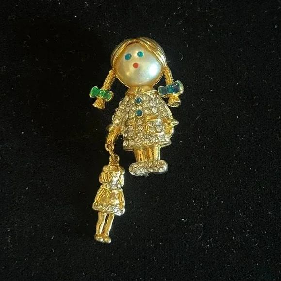 Vintage Gold Rhinestone Enamel Faux Pearl Girl with Doll Brooch Pin