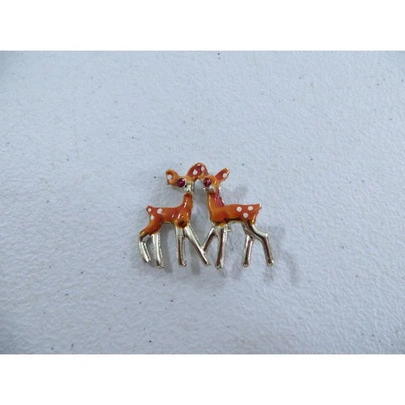 Vintage Enamel Metal 2 Deer Fawn Brooch Pin Gold‎ Tone 1.25