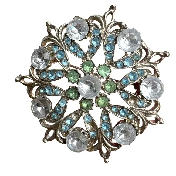 Vintage Rhinestone Floral Brooch‎ Mid-Century Starburst Silver Toned Blue Green