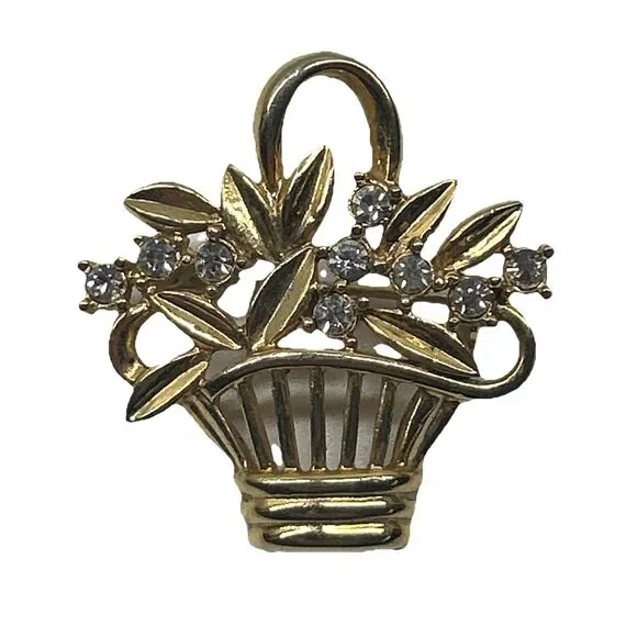 Vintage Gold Tone Flower Basket Brooch With Rhinestones‎