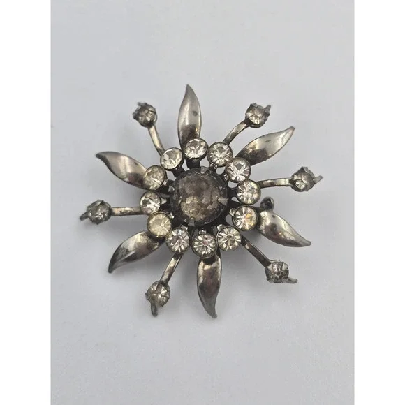 Vintage Starburst Clear Rhinestone Brooch Pin Silver‎ Tone Floral Antique