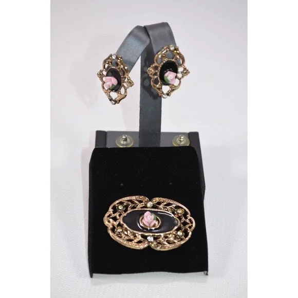 Gold Tone Pink Rose Porcelain Brooch & Earrings Set Cut Out Design Black Enamel‎