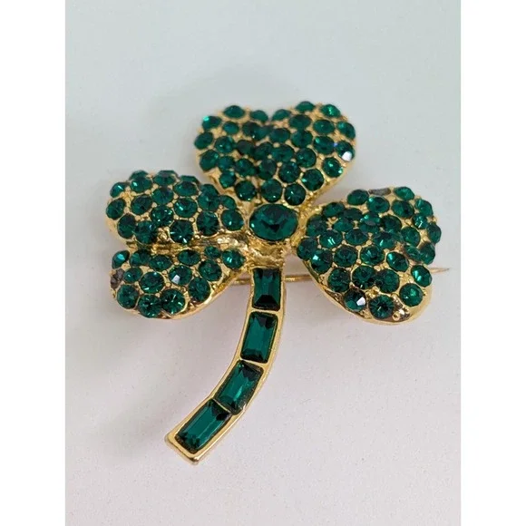Vintage St Patrick's Day Rhinestone Shamrock 3-leaf Clover Tac Lapel‎ Pin