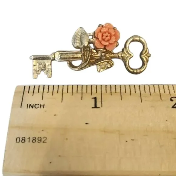 Vintage Gold Key‎ Brooch with Coral Flower