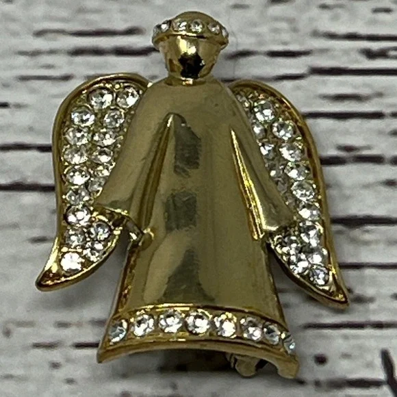 Vintage Monet‎ Angel Brooch Gold Tone Crystal Accent Pin