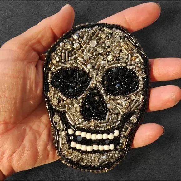Murka Designer's Hand Beaded Skull Brooch - Black and Silver Large