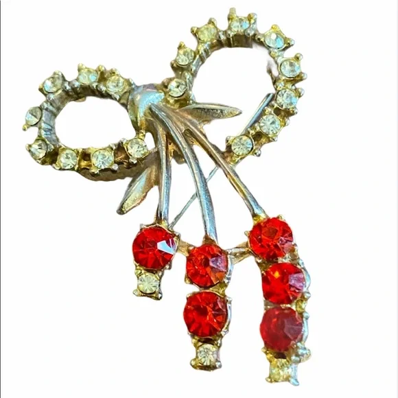 Vintage 1950’s Bow‎ Brooch with Rhinestones, Clear & Red Holiday Bow Brooch