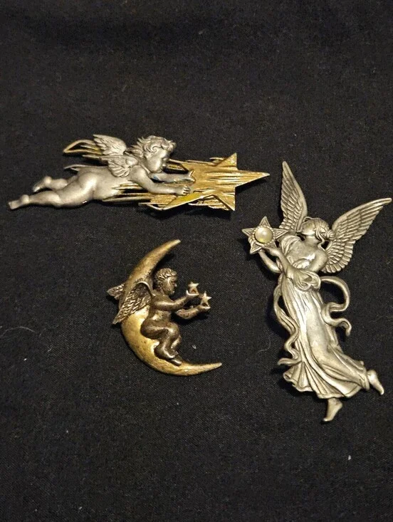 Vintage JJ Pewter Angel Brooch Lot 3 Celestial Cherub Moon Shooting Star Pins