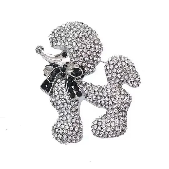 Rhinestone Silver Poodle Brooch Womens Crystal Fashion Statement Piece New