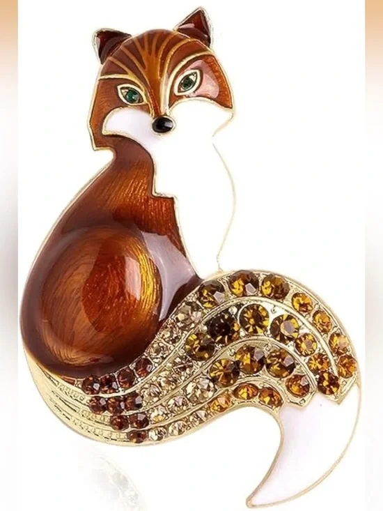 Brown and White Fox Brooch with Amber Crystals