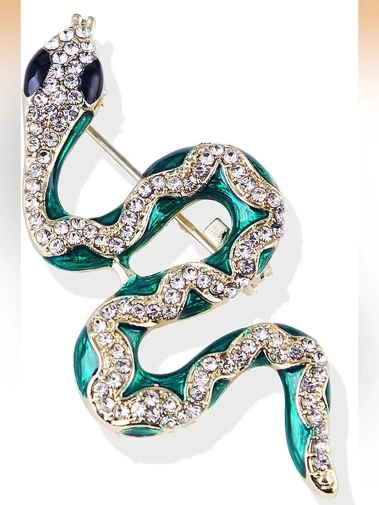 Emerald Green Crystal Snake Brooch Pin