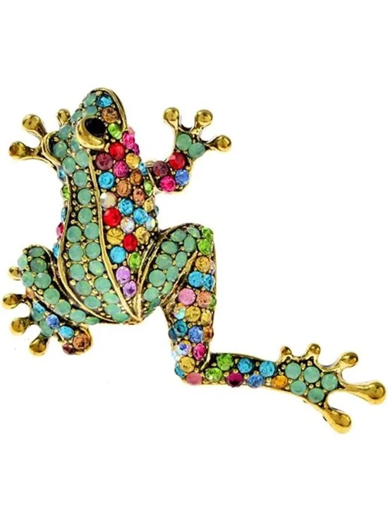 Multicolor Crystal Frog Brooch with Gold Tone
