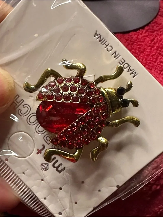 Mint Red Crystal Ladybug Pin with Gold-Tone Metal