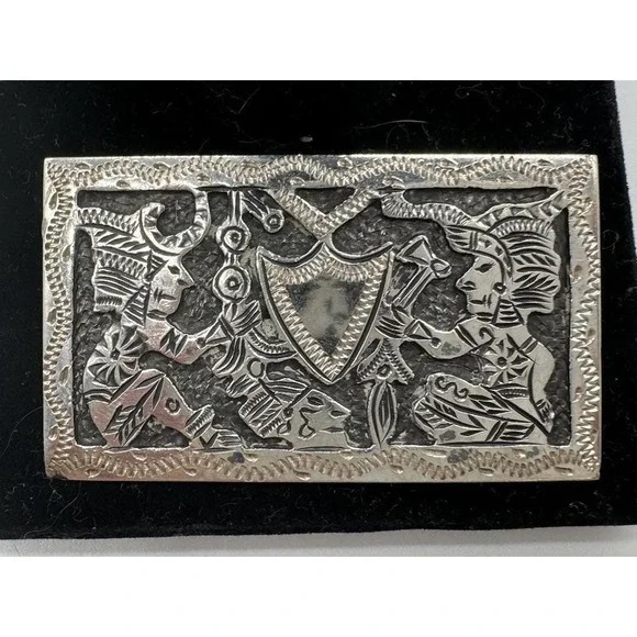 Vintage Mexico Sterling Silver Mayan Aztec Warrior Repousse Brooch Pin 925