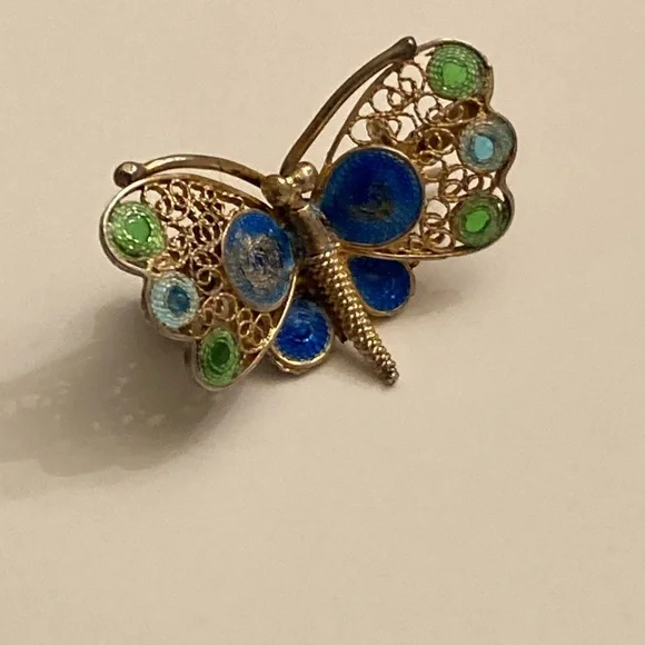 Vintage Italian 800 Gold Filigree Cloisonne' Butterfly Pin