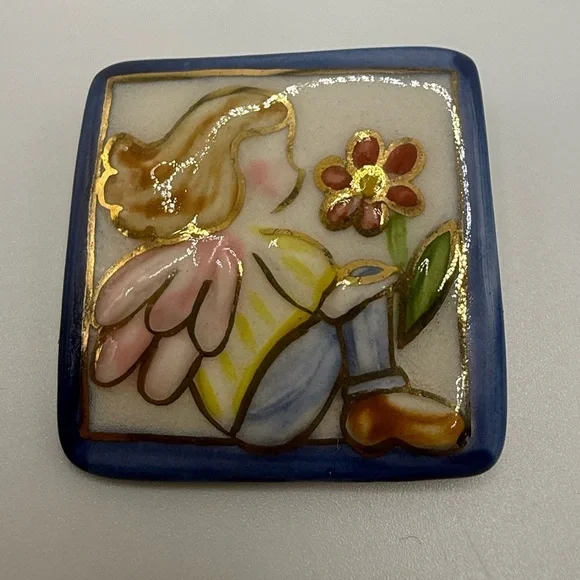 KB Designs Hand-Painted Ceramic Angel Brooch Square 1.5”