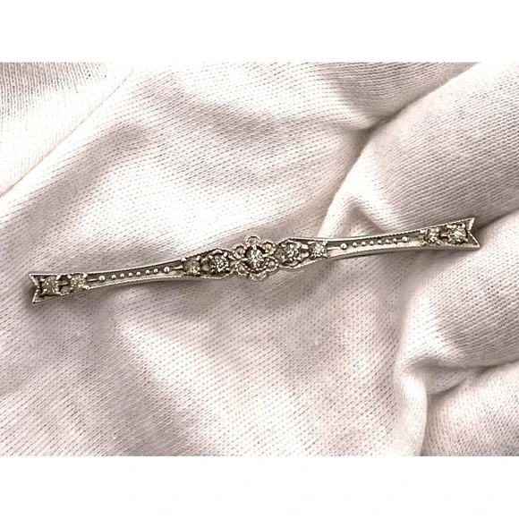 Antique Sterling Silver Clear Paste Floral Bar Pin Brooch 2.5in 3.38g