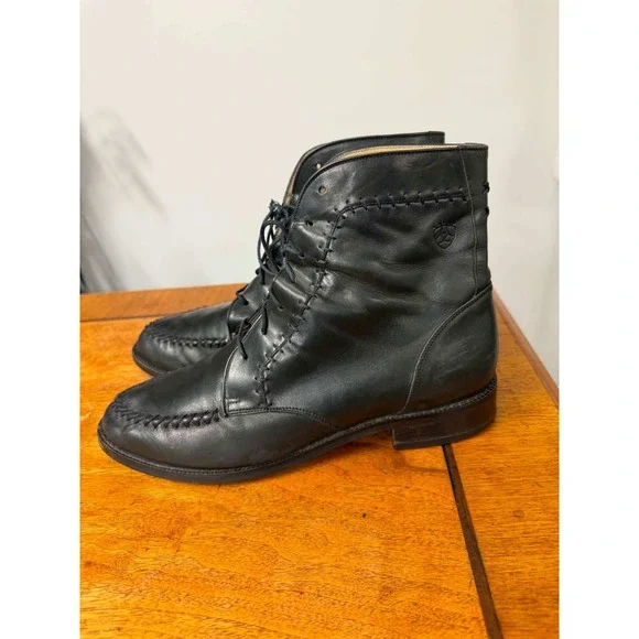 Vtg women's 9M Black Leather Whipstitch Lace Up Ankle Boots Made in Brazil