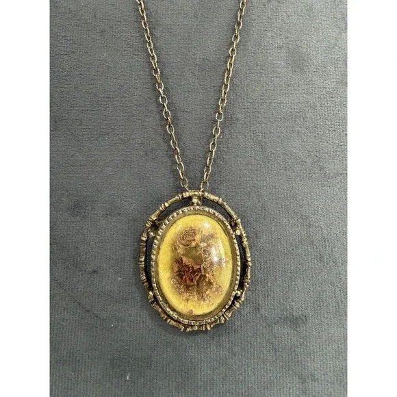 Vintage Gold Tone Dried Flowers Brooch Pendant Necklace p2