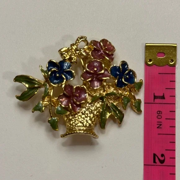 Vintage Gold‎ Tone Enamel Flower Basket Brooch Pink Blue Pansy Floral Pin