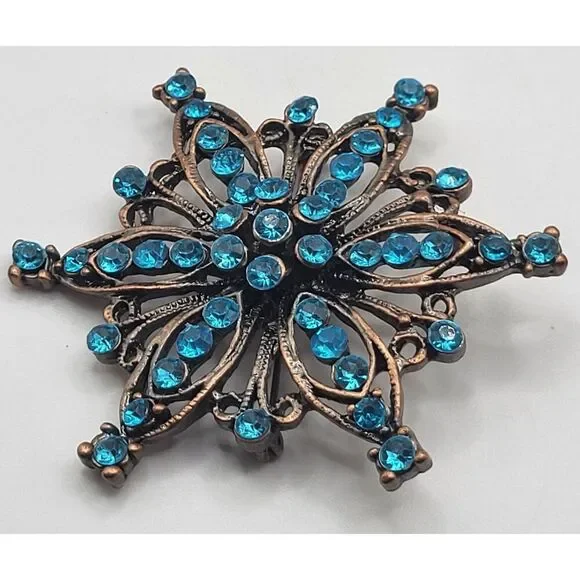 Retro 50s Style Starburst Copper Blue Turquoise Rhinestone Brooch 3in