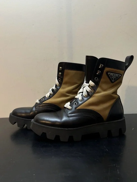 Prada Triangle Logo Panelled Nylon Leather Combat Boot Brown Black