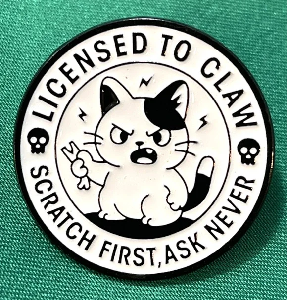 NWOT Licensed To Claw Cat Lapel Pin Brooch Round White Enamel Animal Cute Skull