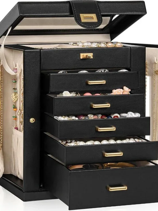 Elegant 6-Tier Leather Jewelry Organizer with Mirror & 360° Rotation