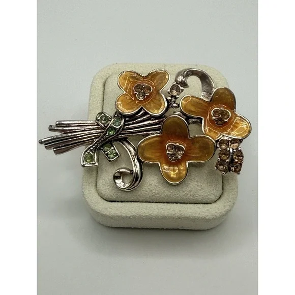Vintage Pot Metal Brooch Flowers Orange Enamel Rhinestone