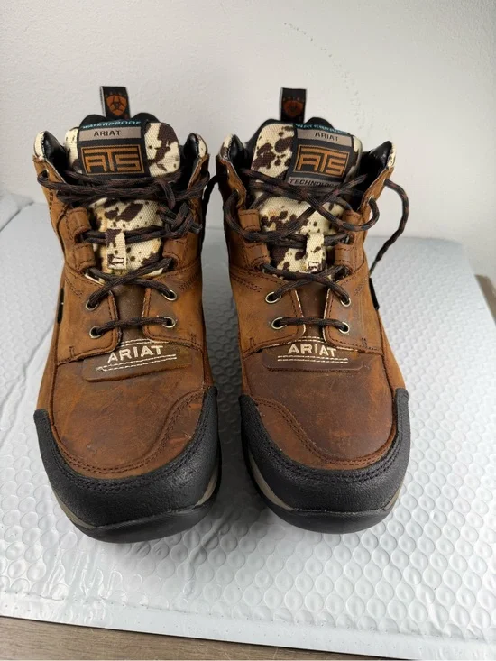 Ariat Terrain Waterproof ATS Brown Leather Hiking Boots Cow Print Men’s 10B