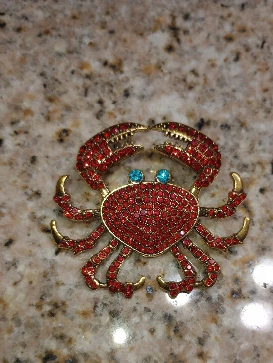 Red Crystal Gold Tone Crab Brooch