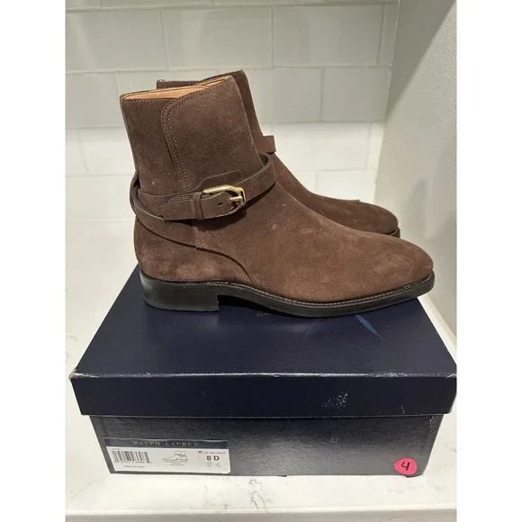 Ralph Lauren Purple Label Welington Strap Boots Mens 8D Brown Calf Suede Italy