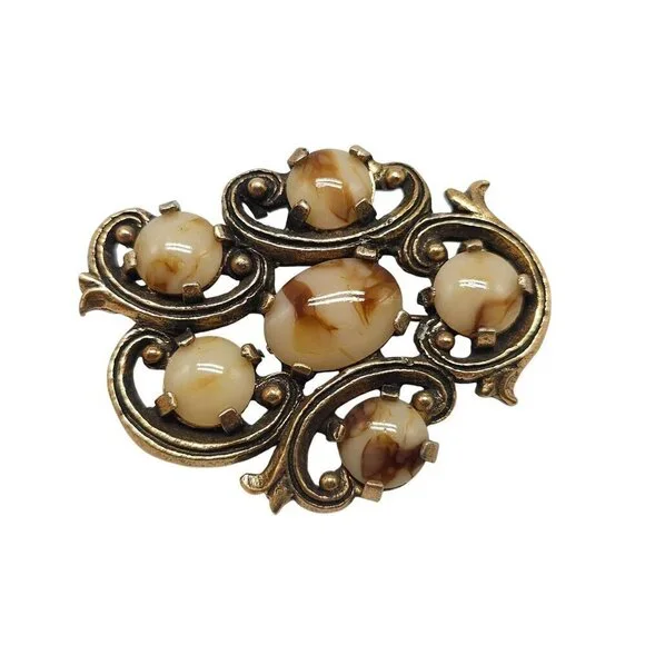 Vintage Miracle Agate Glass Celtic Brooch Pin Gold Tone Filigree
