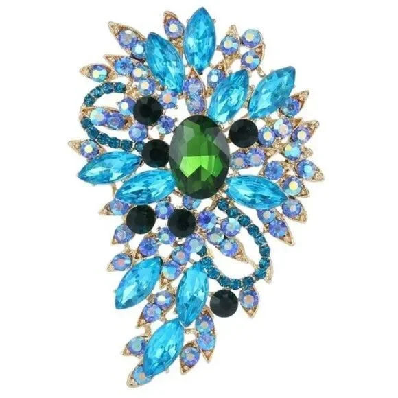 Yellow Gold and Aquamarine Austrian Crystal Flower and Leaf Bouquet Brooch Pin