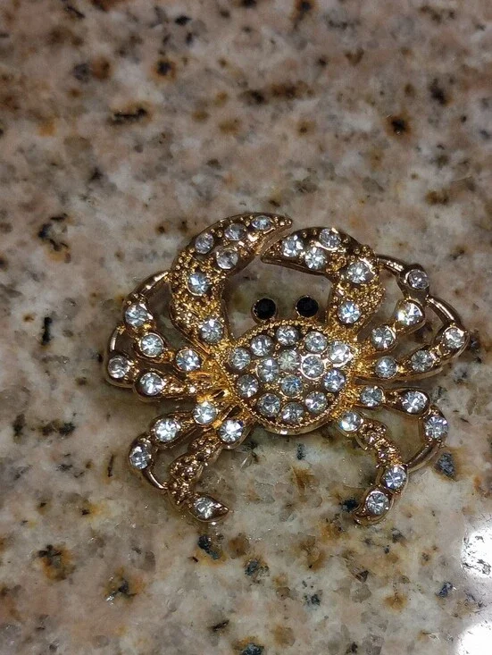 Gold-Tone Crystal Crab Brooch