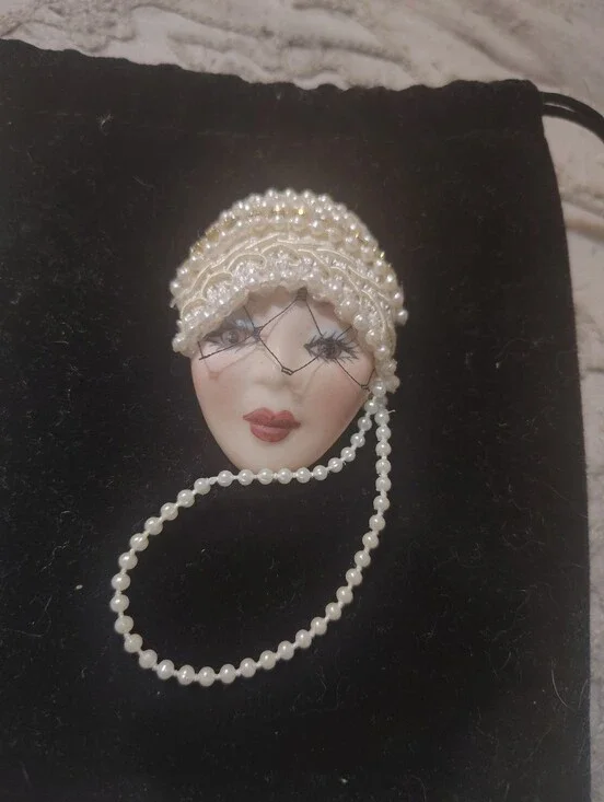 Pearl Beaded Flapper Face Brooch