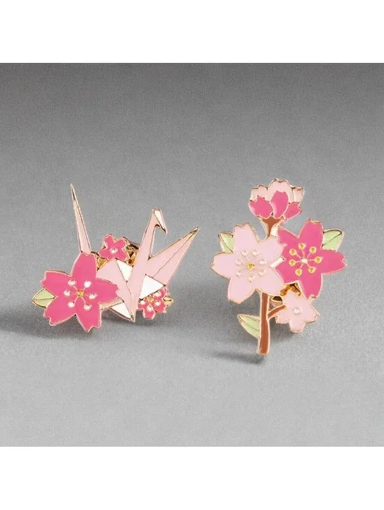 Enamel Pin Set Pink Sakura Origami Paper Crane, Cherry Blossoms NWT