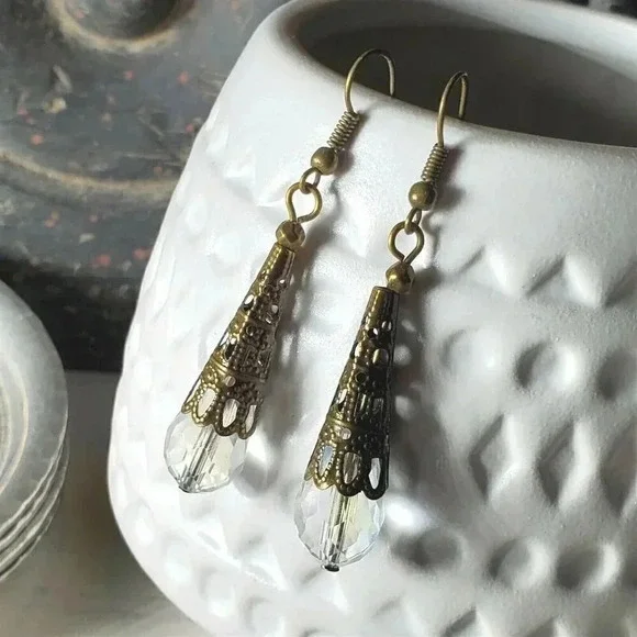 Bronze Faceted Crystal Clear Luster Antiqued Filigree Teardrop Earrings