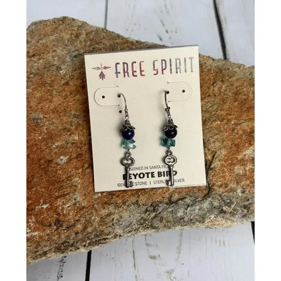 Peyote‎ Bird Free Spirit Sterling Silver Key Genuine Stone Drop Earrings J060