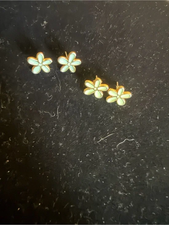 Gold & Mint Flower Stud Earrings (1st pair) baby blue Set (2nd pr) Women Jewelry