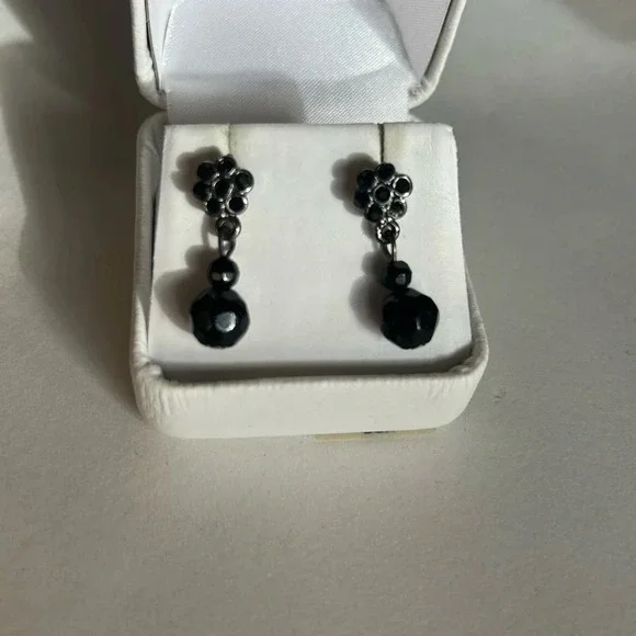 3/$20 Black Flower Beaded Crystal Dangling Drop Circular Silver Tone Earrings