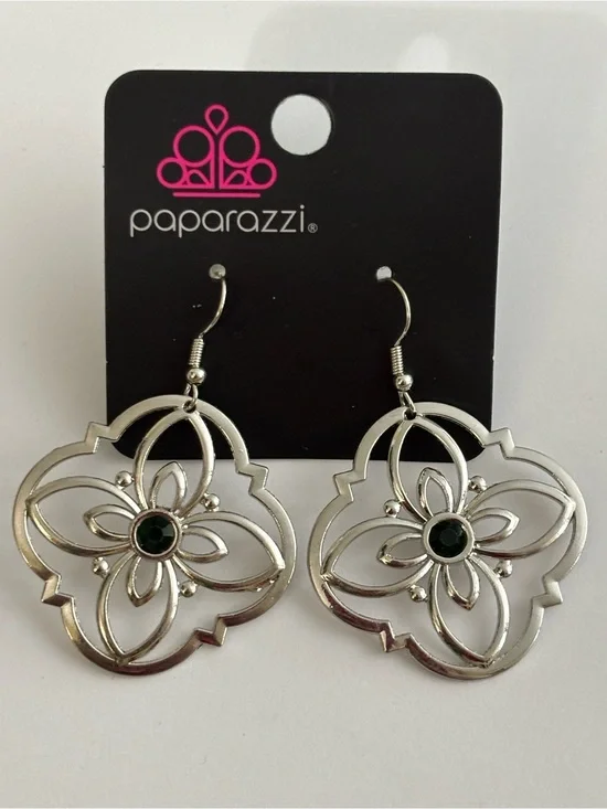Paparazzi Silver Floral Filigree Earrings with Green Stone