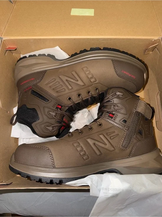 New Balance Men's Brown Lace-Up Waterproof Work Boots with Side Zipper