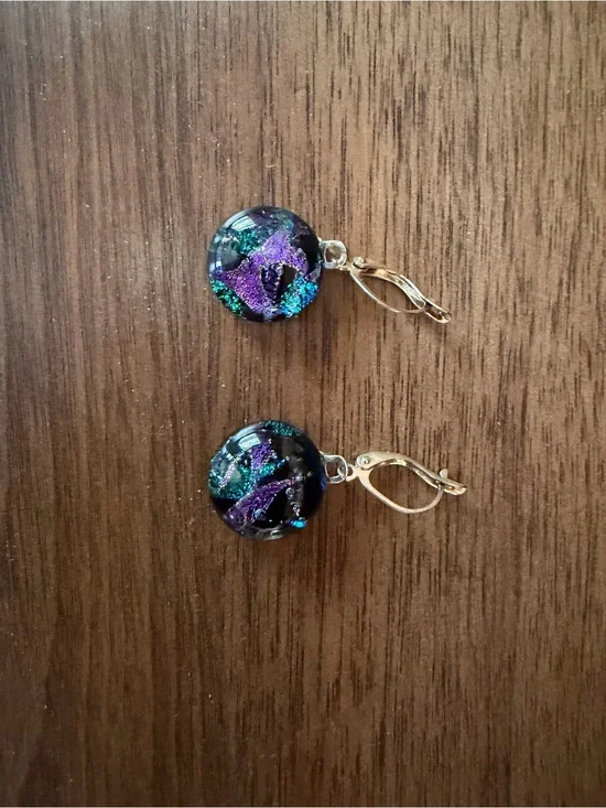 Dichroic Glass Drop Earrings in Purple & Teal with Gold Hooks
