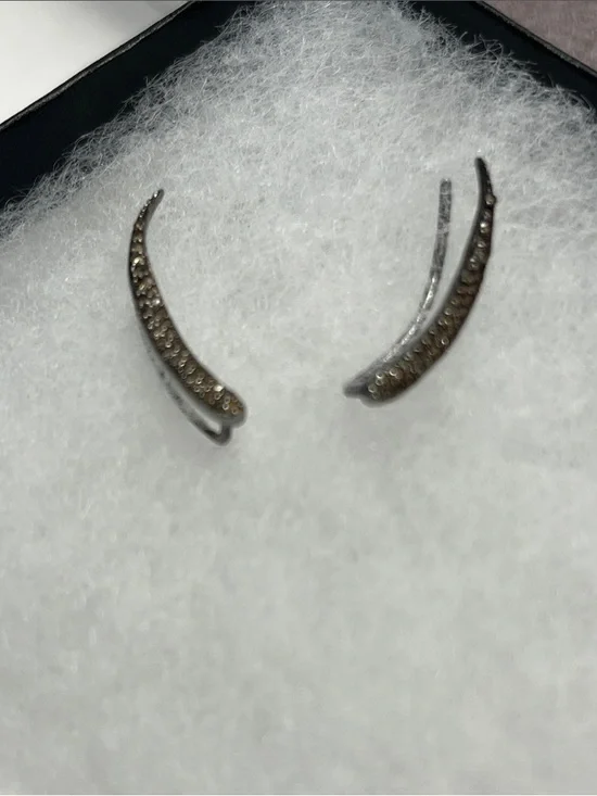 Delicate Curved Pave Ear Climbers - Silver Tone with Champagne Stones