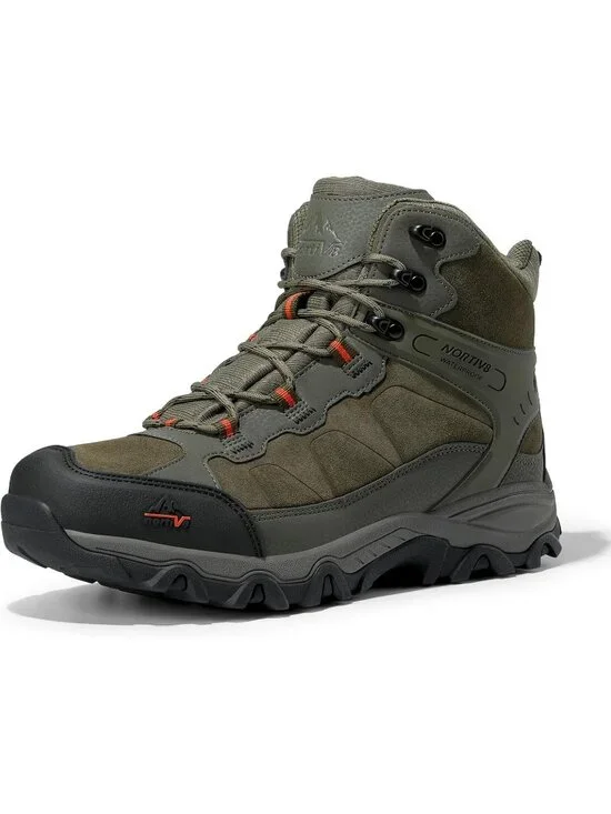 Men's Army Green Waterproof Shoes Casual Mid Top Round Toe Non Slip Hiking Boots