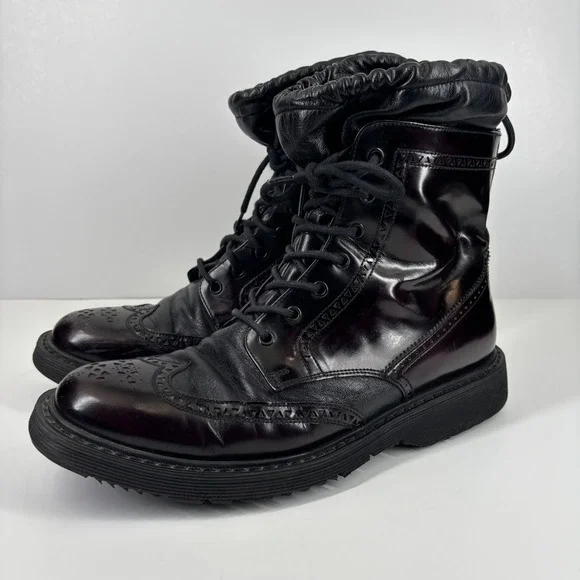 Prada Sport Vintage 2000s Men's‎ 9 Burgundy Leather Wingtip Lace-Up Combat Boots