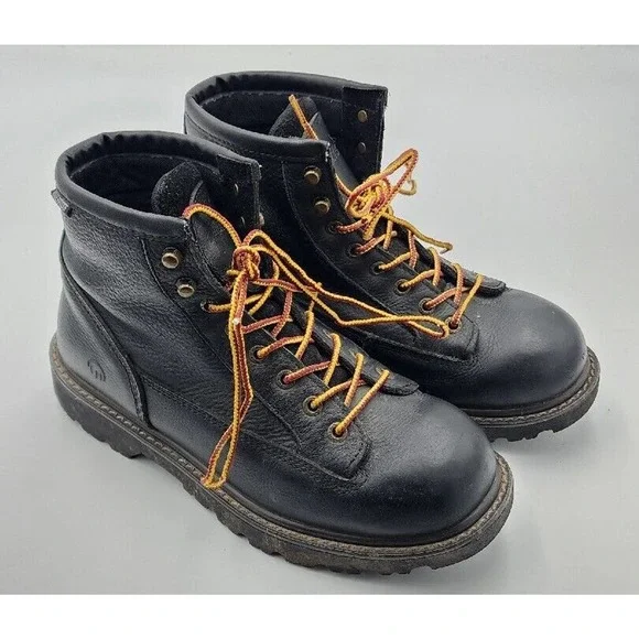 Wolverine Black Leather Work Boots with Orange Laces