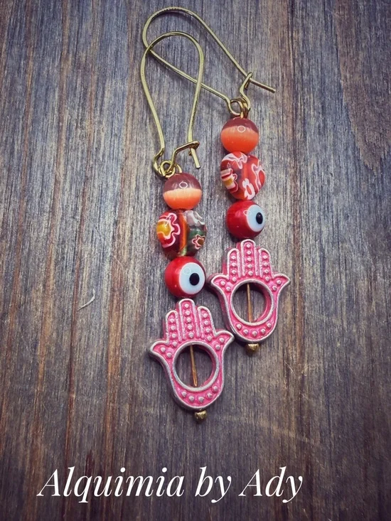 Y2K nostalgia + red, orange & Gold Hamsa Evil Eye Dangle Earrings agate