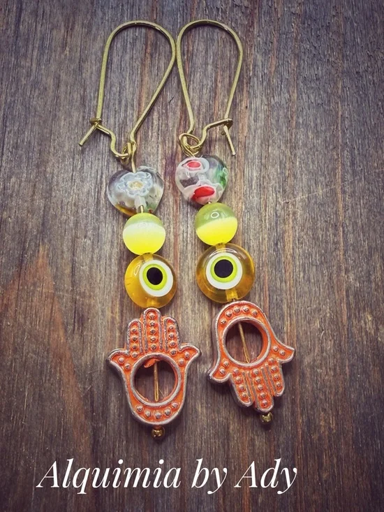Y2K nostalgia + Yellow, orange & Gold Hamsa Evil Eye Dangle Earrings agate
